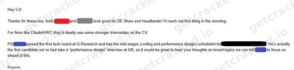 Recruiter update showing getcracked candidates moving forward with top quant firms